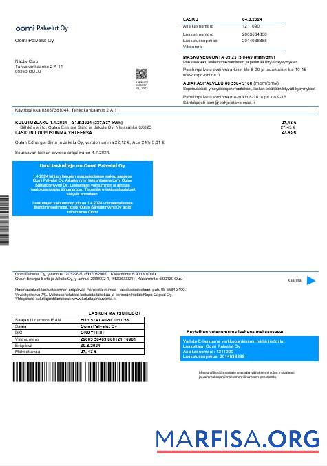 Printable Finland Oomi Palvelut Oy electricity business utility bill in word and pdf formats real example